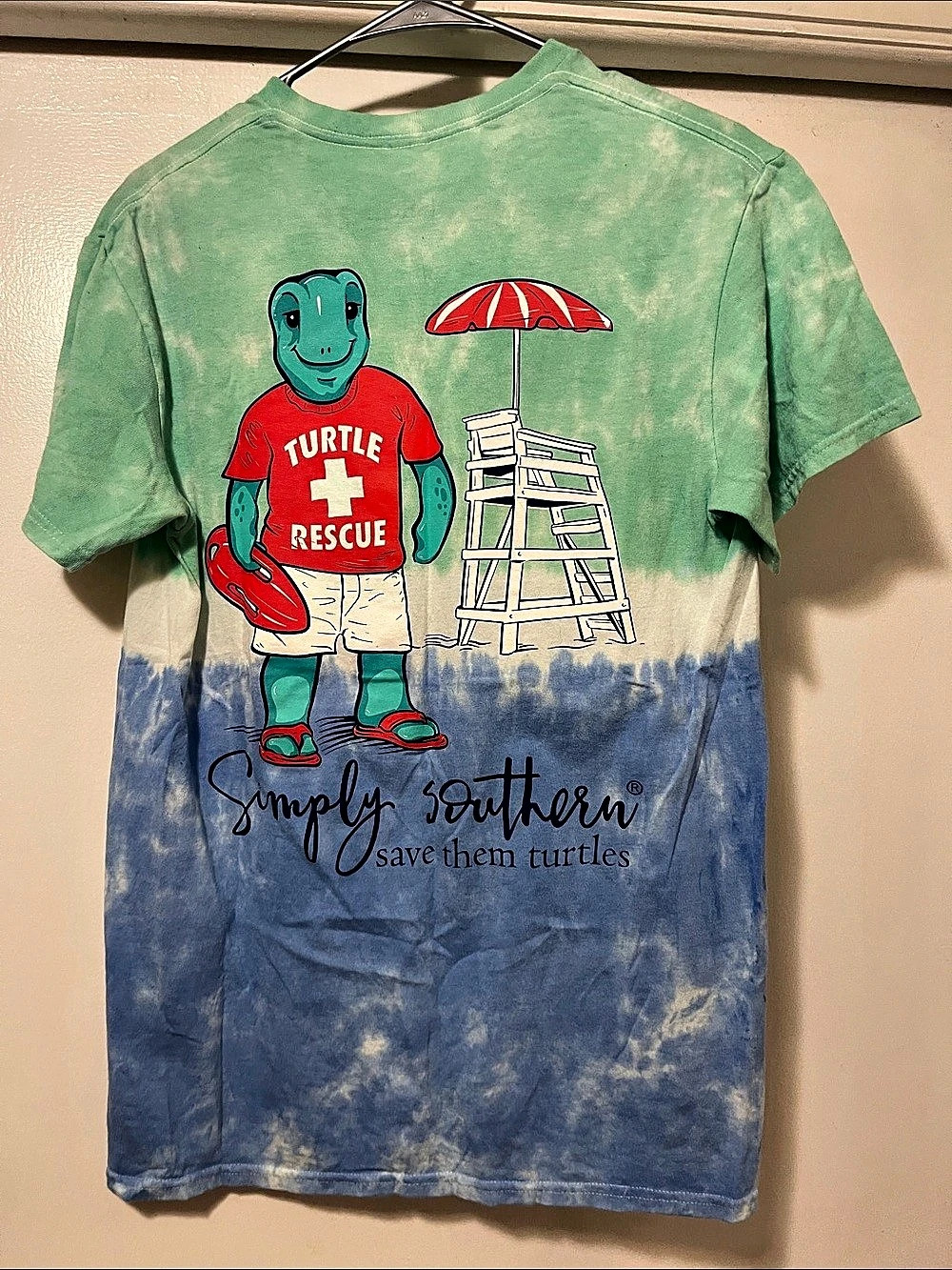 Simply Southern Save Them Turtles Tie Dye T-Shirt Tee Green & Blue Medium